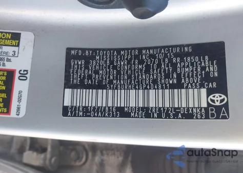 2016 Toyota Corolla Le z USA, uszkodzony, nr VIN 5YFBURHE4GP404811